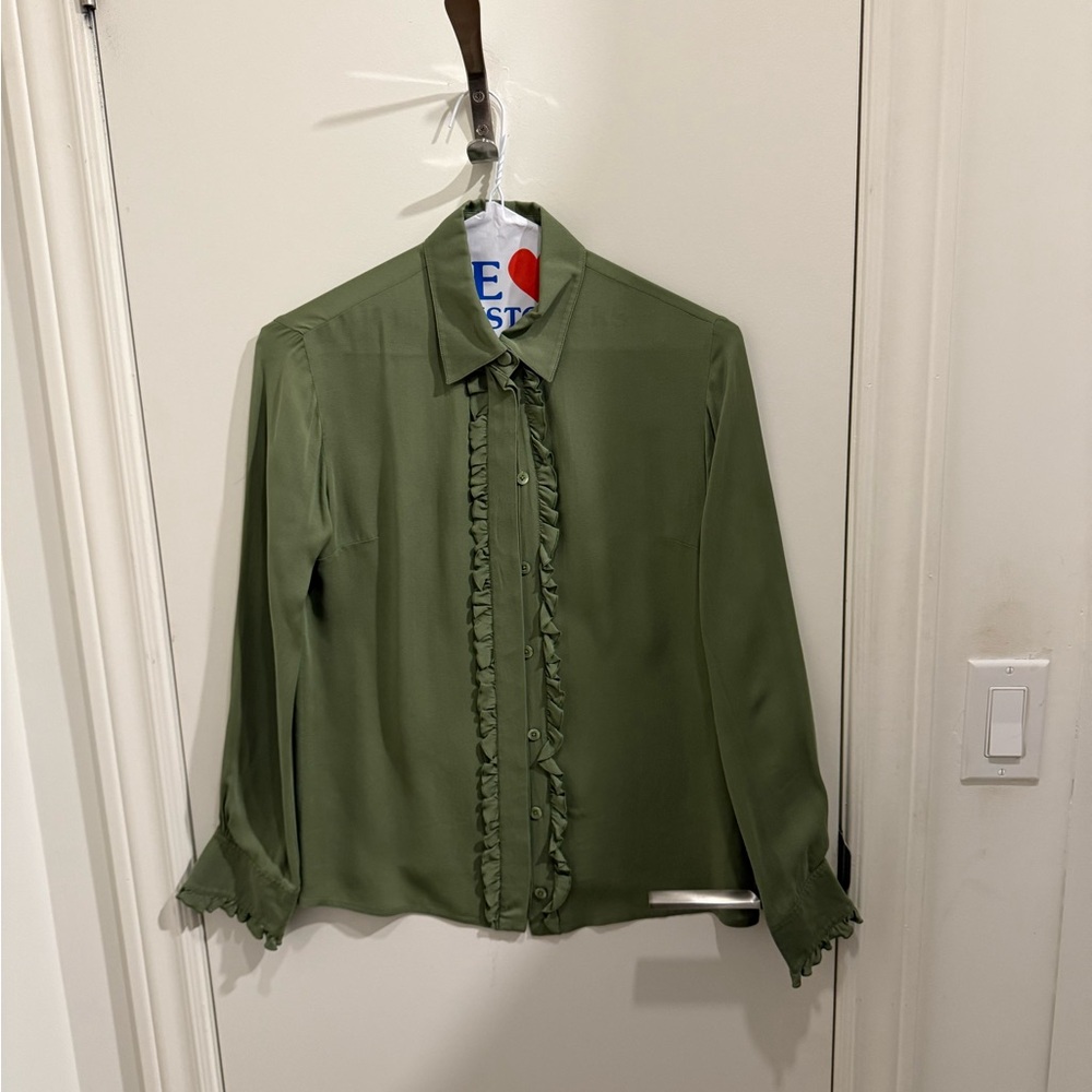 Vintage Gucci Olive Green Ruffle Pure Silk Blouse